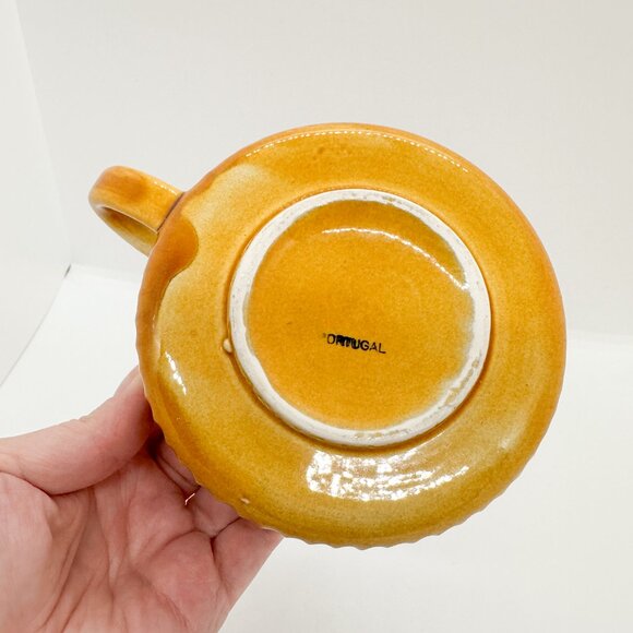 Vtg 70s Ceramic Soup Mug Set Secla Portugal Ribbed Bowl Handle Yellow MCM RARE - Picture 11 of 11